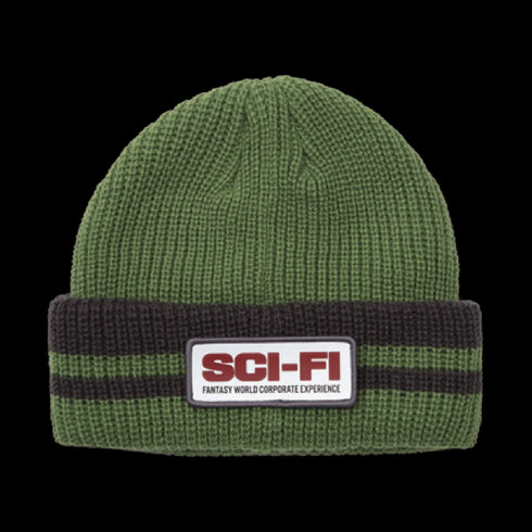 Sci-Fi Fantasy - Reflective Patch Striped Beanie (Olive/Grey)